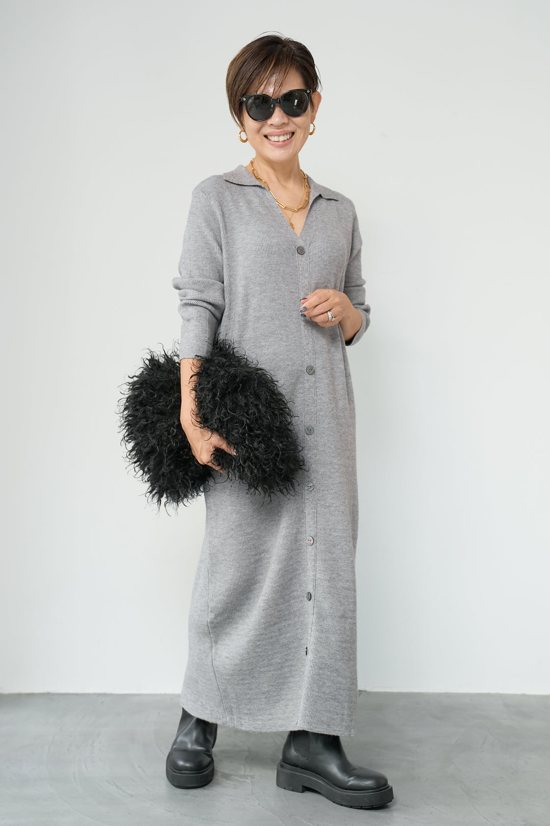 リブニットシャツワンピース