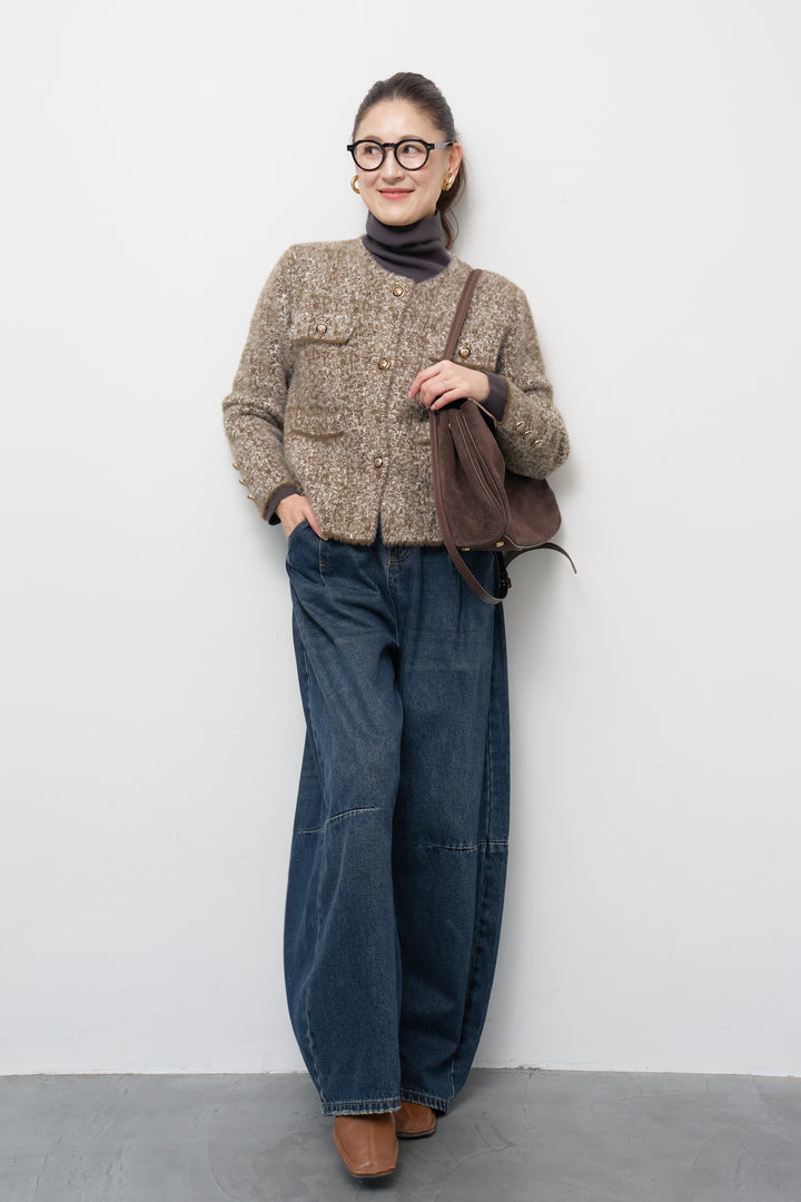 [SET]ミックスヤーン クラシックニットジャケット+カーブデニムパンツ(2set)