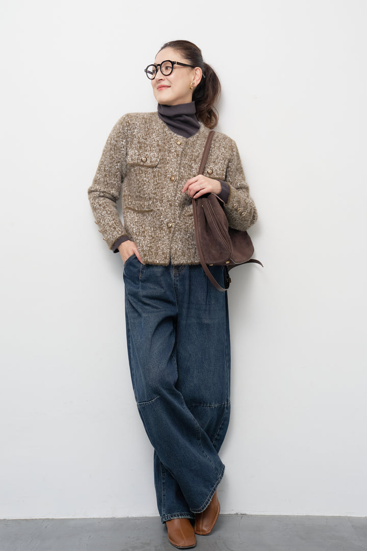 [SET]ミックスヤーン クラシックニットジャケット+カーブデニムパンツ(2set)