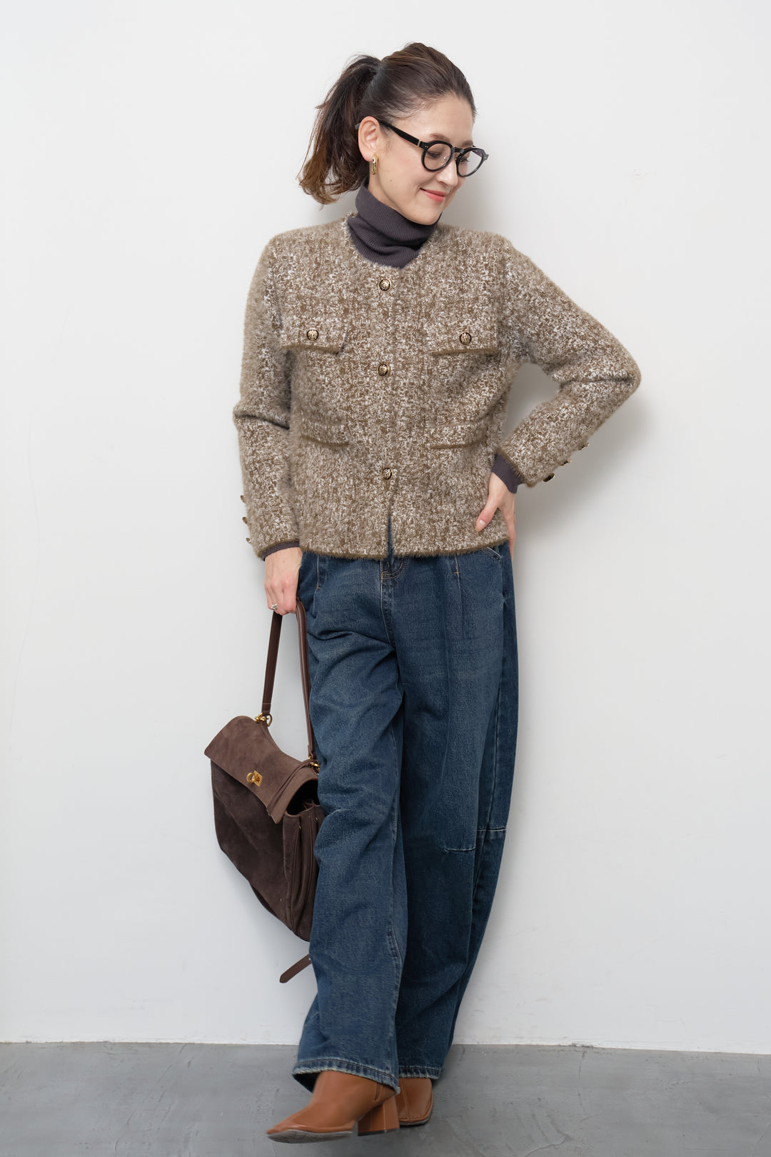 [SET]ミックスヤーン クラシックニットジャケット+カーブデニムパンツ(2set)