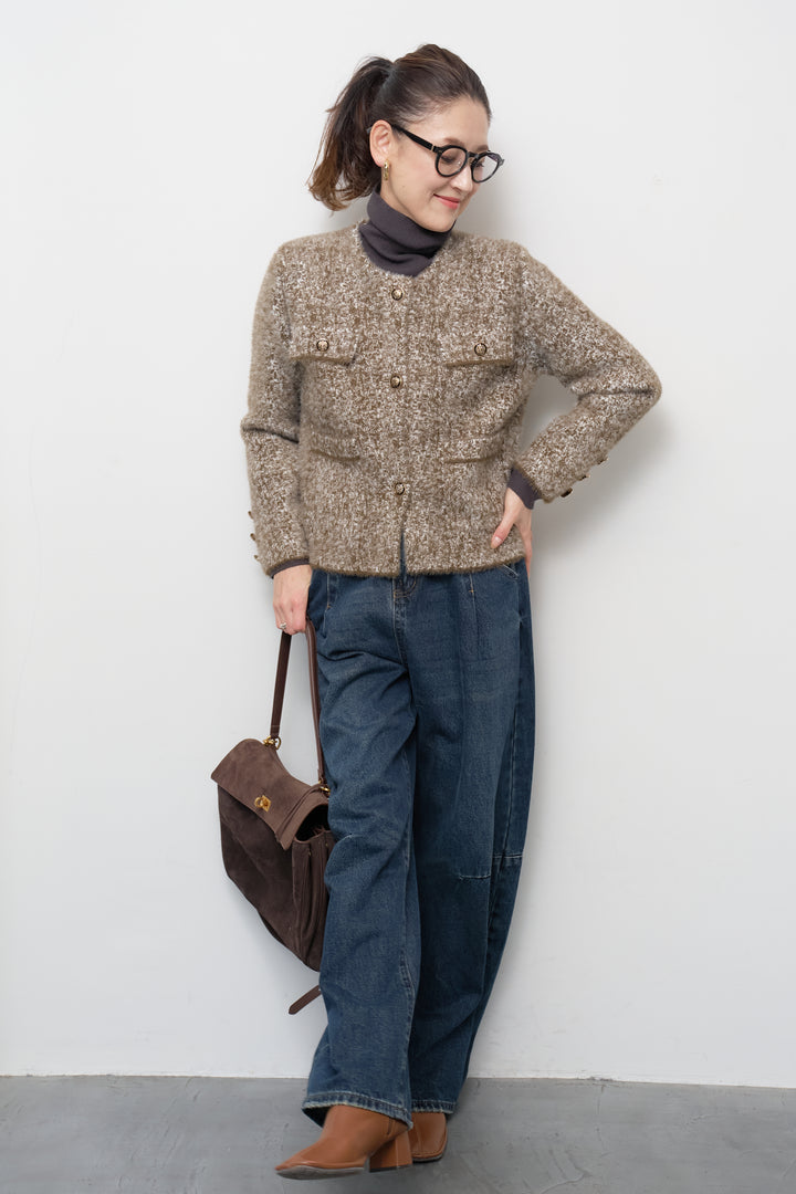 [SET]ミックスヤーン クラシックニットジャケット+カーブデニムパンツ(2set)