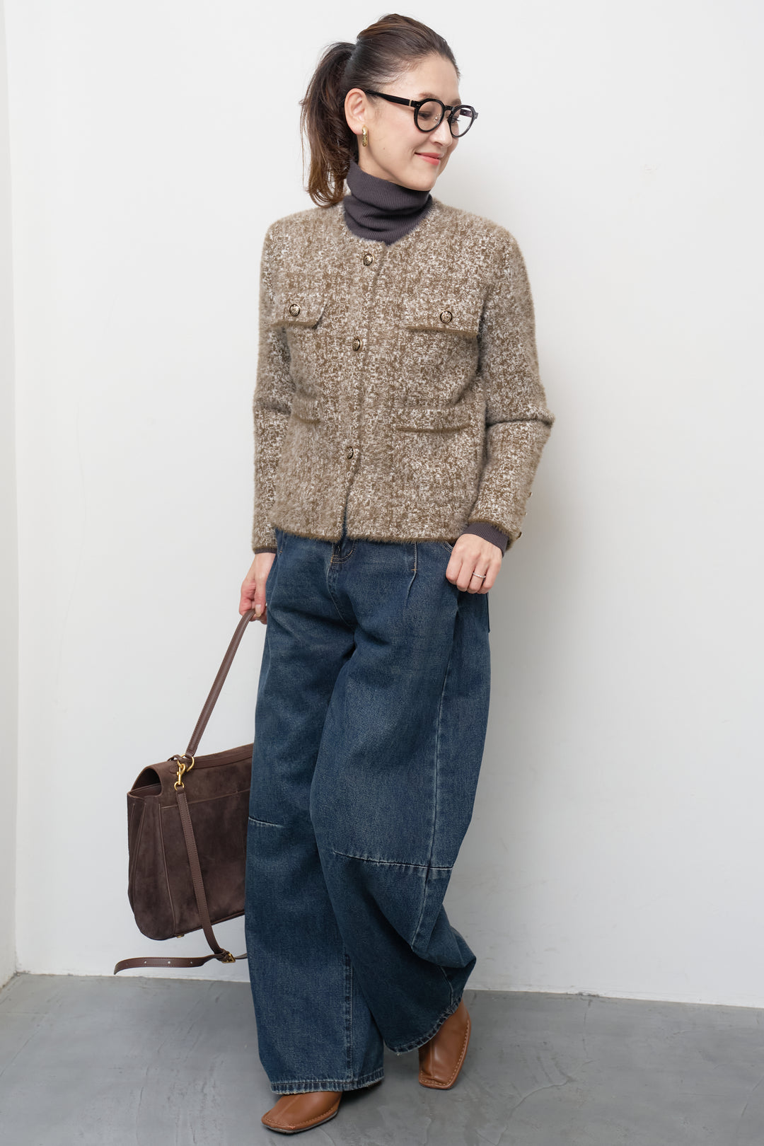 [SET]ミックスヤーン クラシックニットジャケット+カーブデニムパンツ(2set)