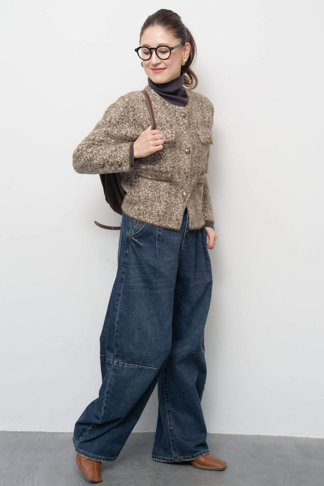 [SET]ミックスヤーン クラシックニットジャケット+カーブデニムパンツ(2set)