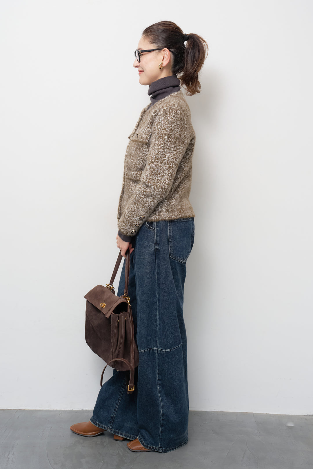 [SET]ミックスヤーン クラシックニットジャケット+カーブデニムパンツ(2set)