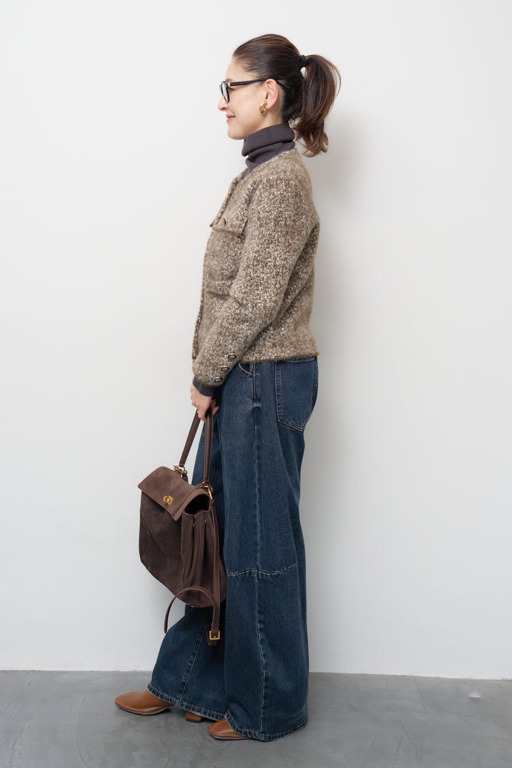 [SET]ミックスヤーン クラシックニットジャケット+カーブデニムパンツ(2set)