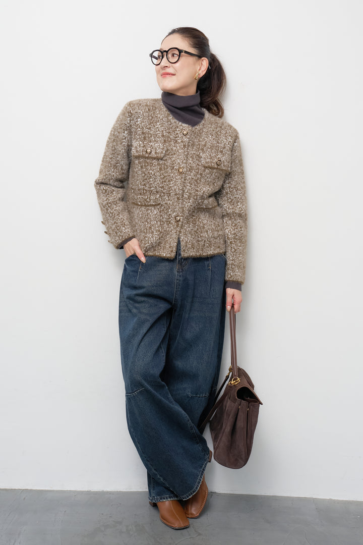 [SET]ミックスヤーン クラシックニットジャケット+カーブデニムパンツ(2set)