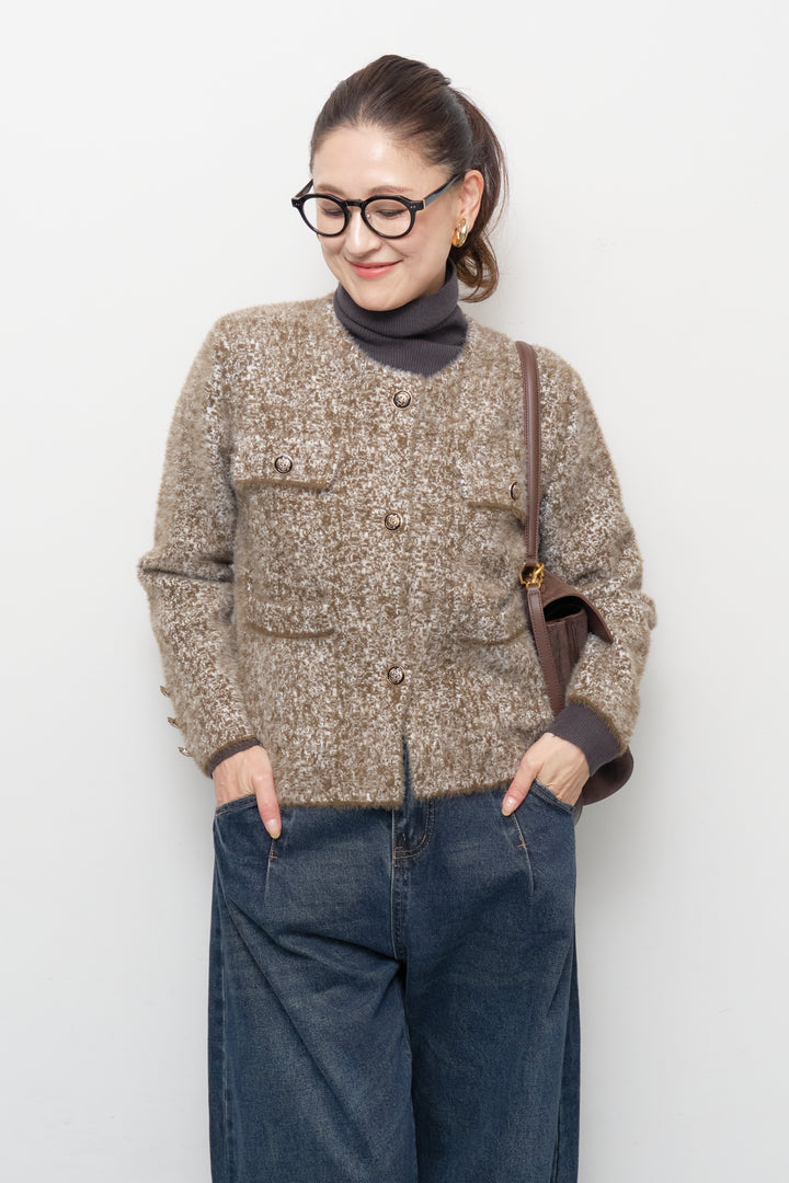 [SET]ミックスヤーン クラシックニットジャケット+カーブデニムパンツ(2set)