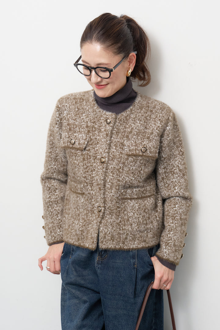 [SET]ミックスヤーン クラシックニットジャケット+カーブデニムパンツ(2set)