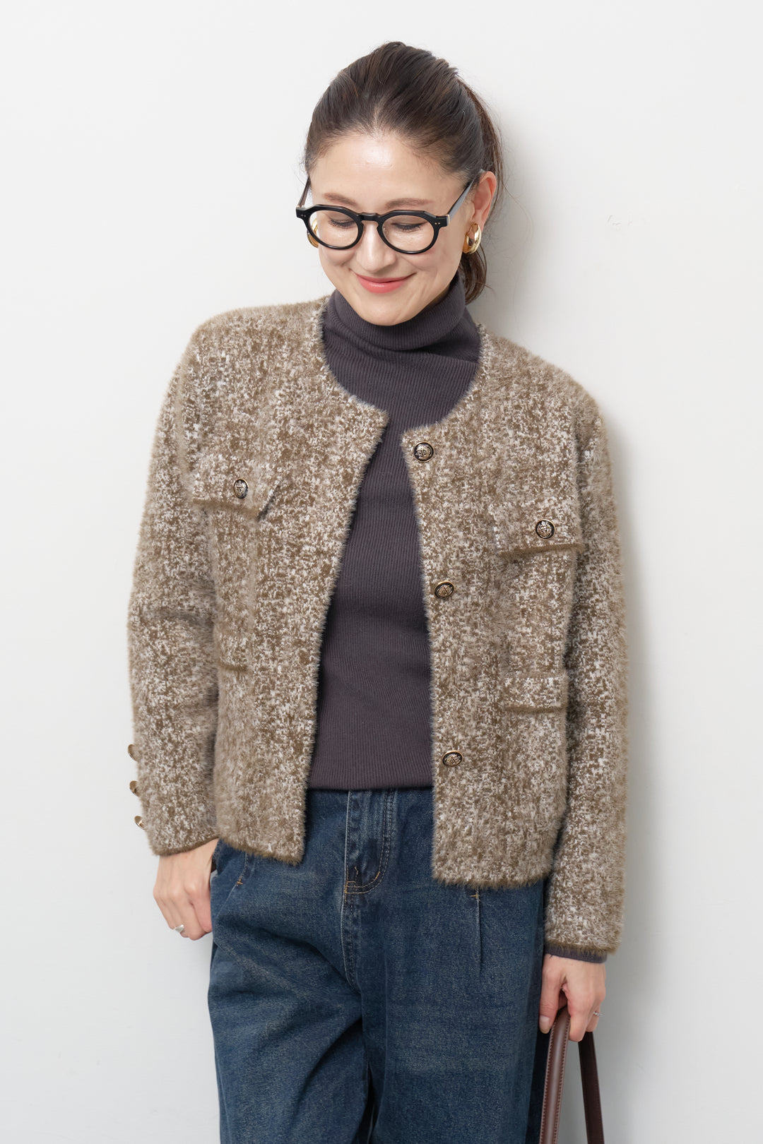 [SET]ミックスヤーン クラシックニットジャケット+カーブデニムパンツ(2set)