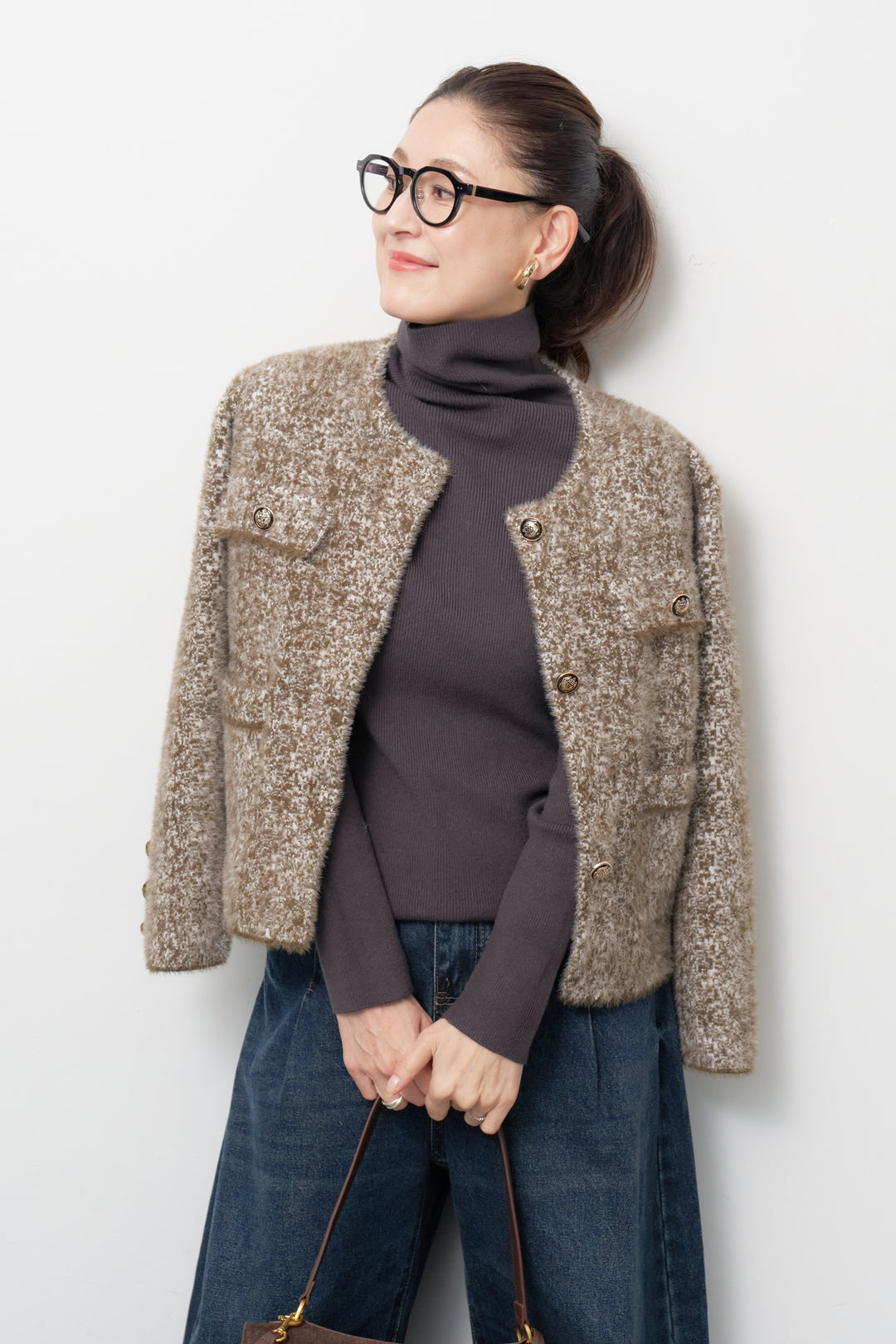 [SET]ミックスヤーン クラシックニットジャケット+カーブデニムパンツ(2set)