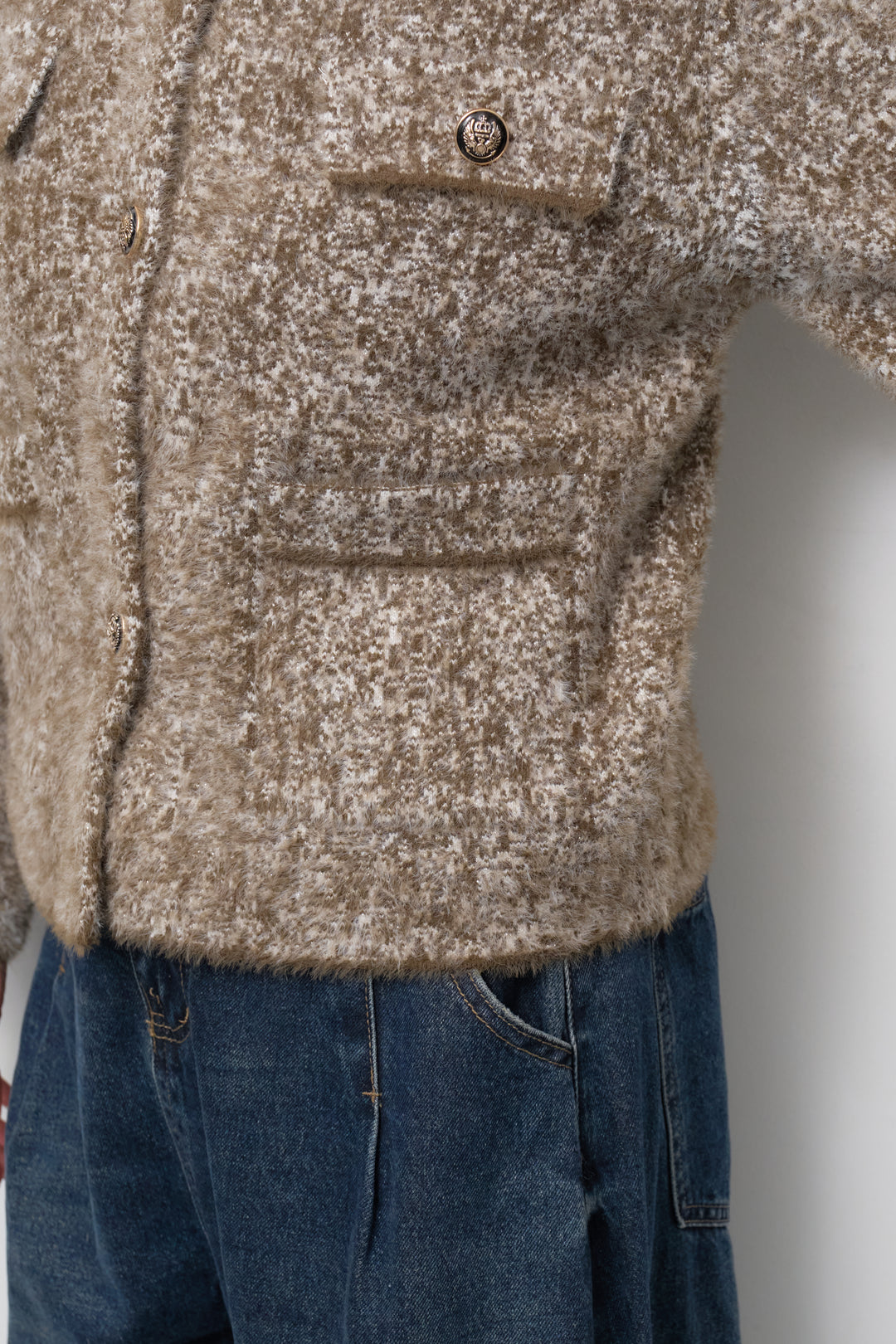 [SET]ミックスヤーン クラシックニットジャケット+カーブデニムパンツ(2set)