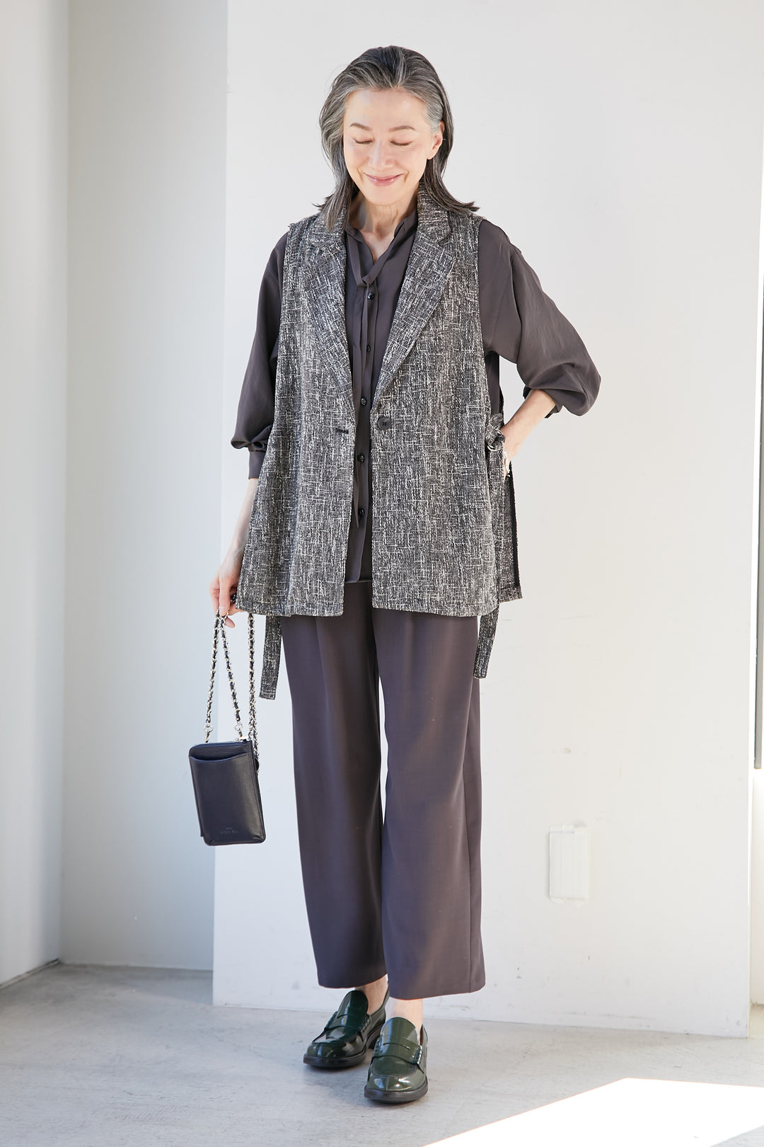 Side-belted tweed gilet