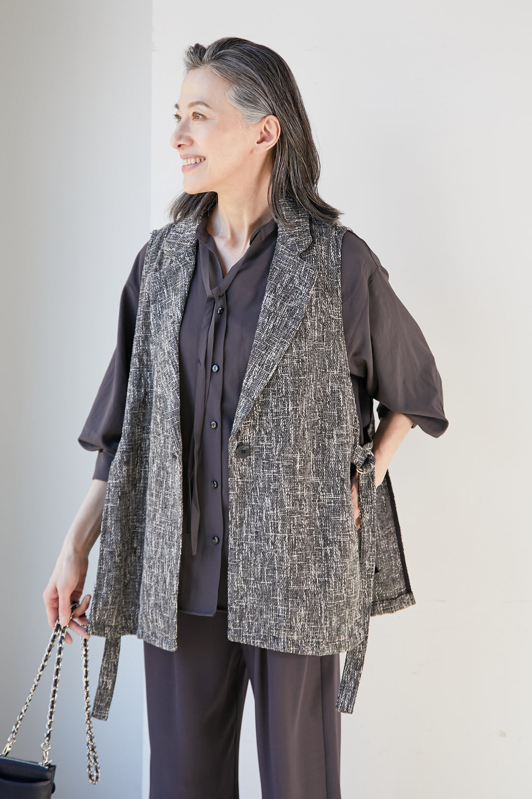 Side-belted tweed gilet