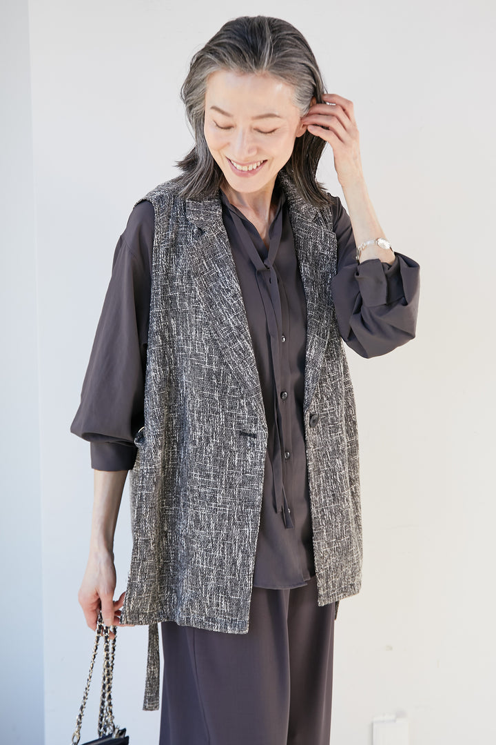 Side-belted tweed gilet