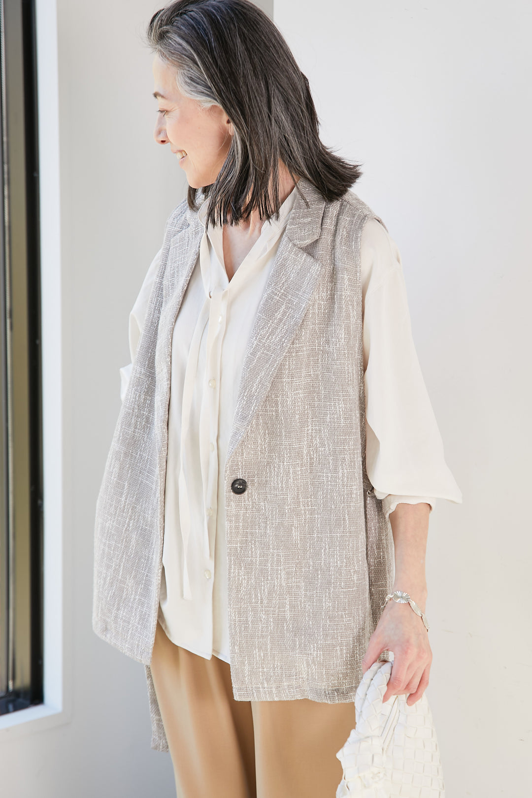 Side-belted tweed gilet