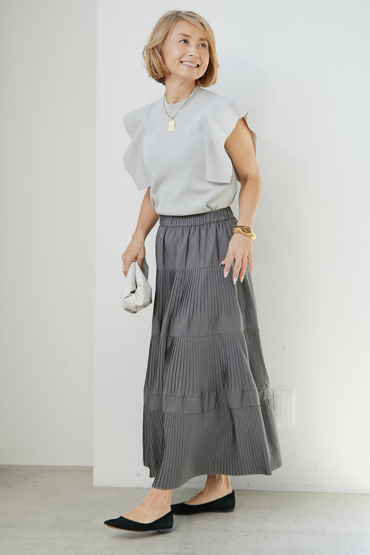 [SET] Flare sleeve bottle neck knit + pleated tiered skirt (2set)