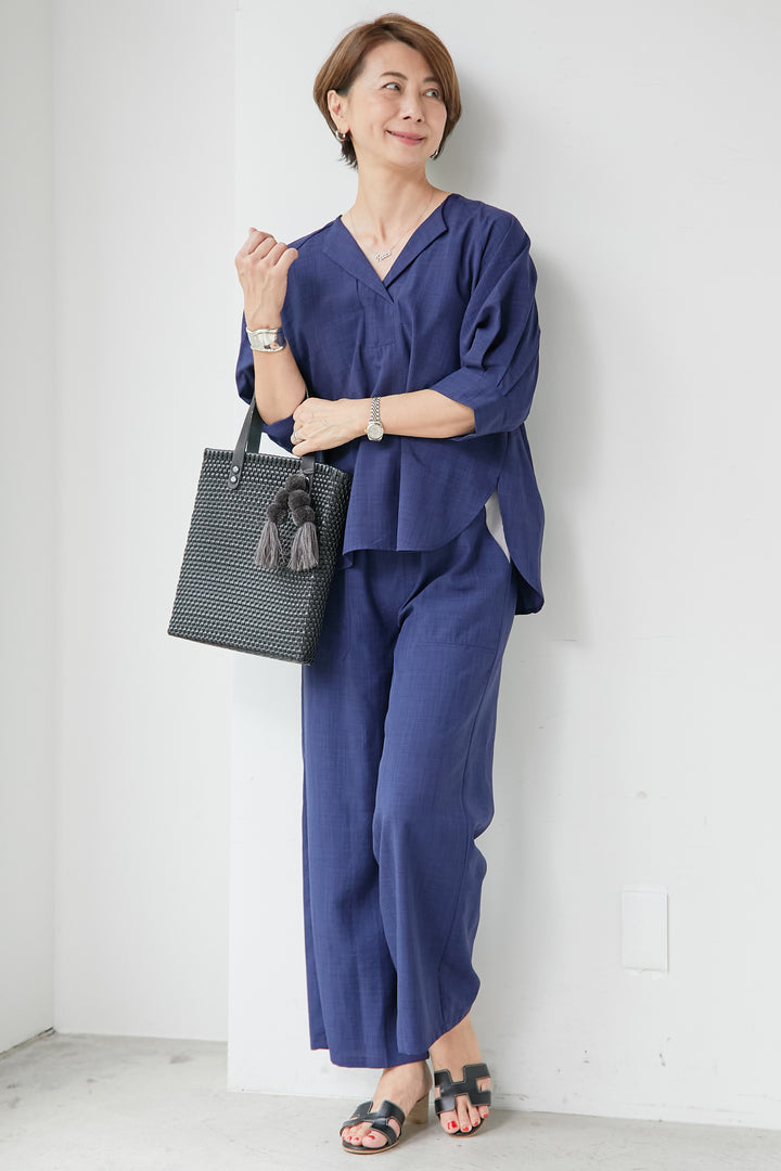 [SET] Linen-look matching neck circle blouse + linen-look trouser knit switching pants (2 sets)