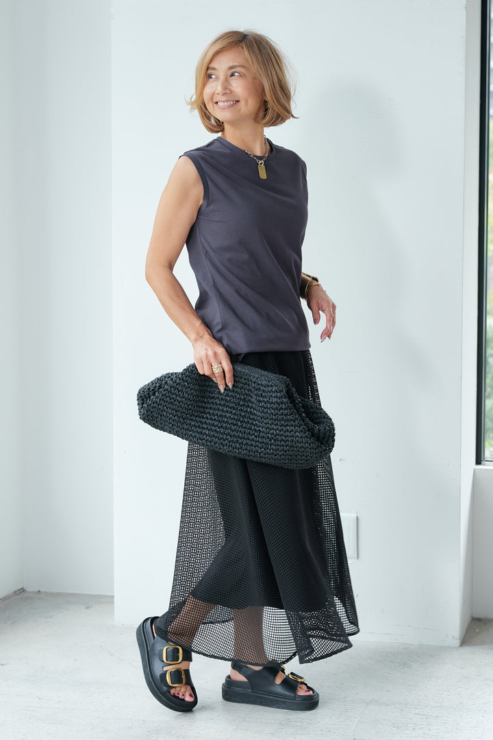 [SET] [Water-repellent, quick-drying] USA cotton sleeveless pullover + square mesh check flare skirt (2 sets)