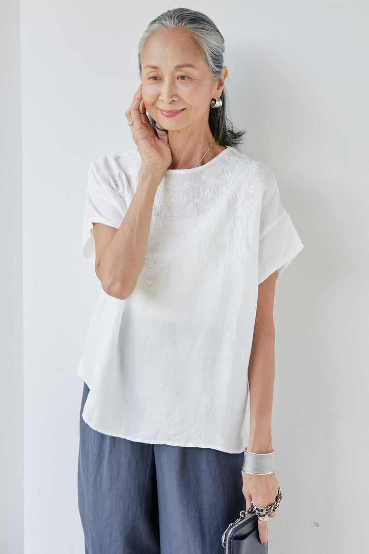 [Cool to the touch] Rayon linen embroidered pullover