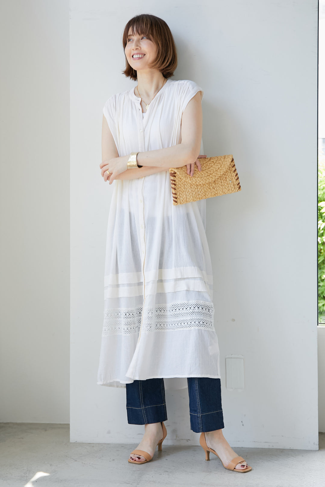 Cotton crepe x lace French sleeve dress