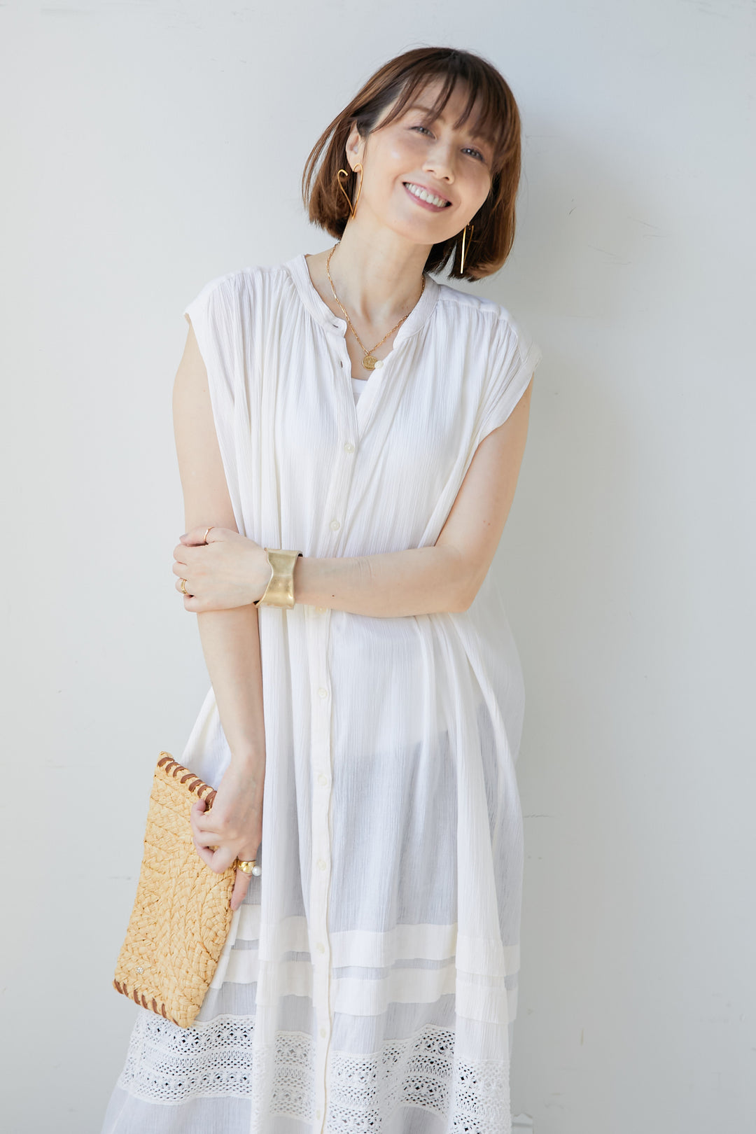 Cotton crepe x lace French sleeve dress