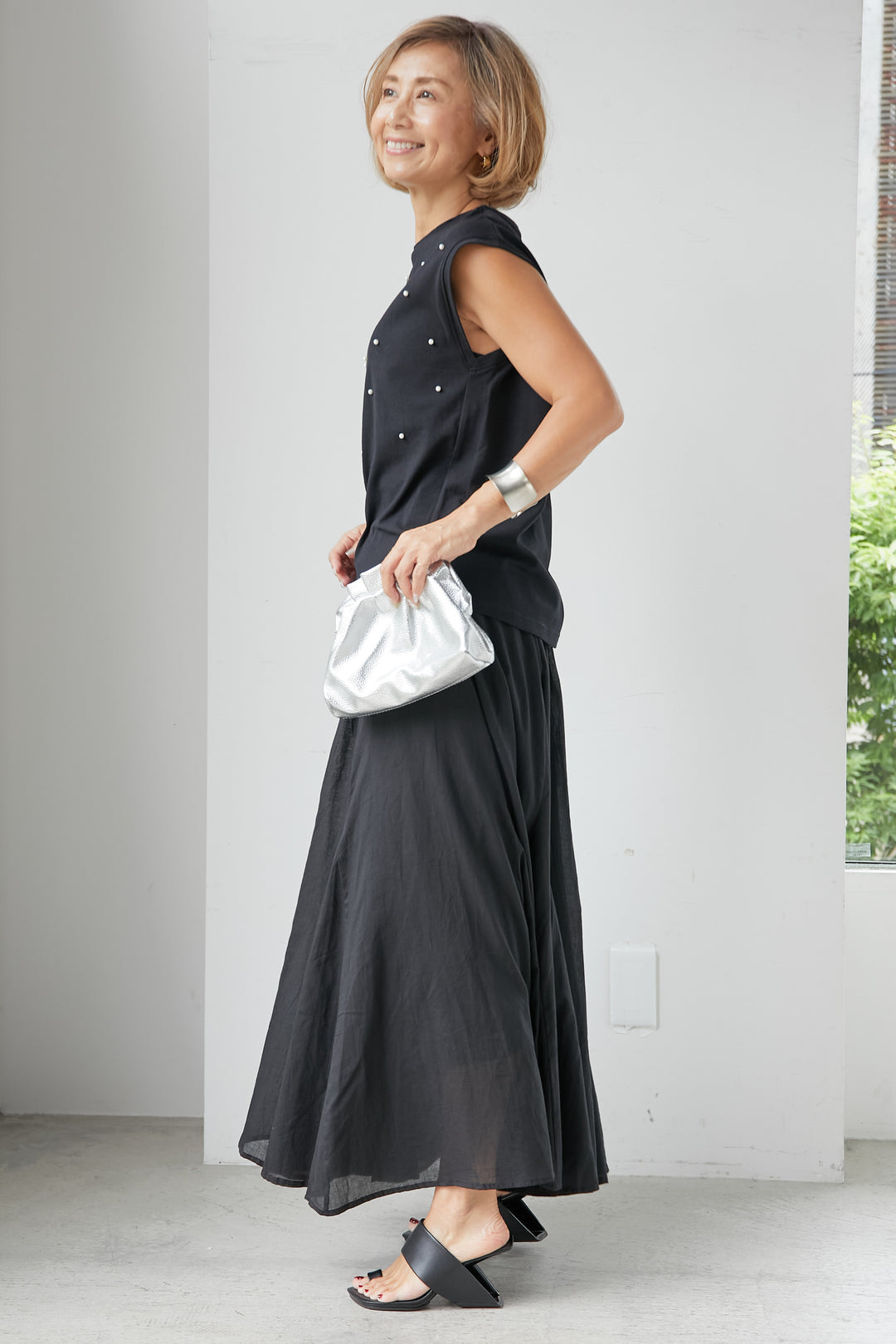 [SET] Pearl dot cut jacquard + cotton voile flare long skirt (2set)