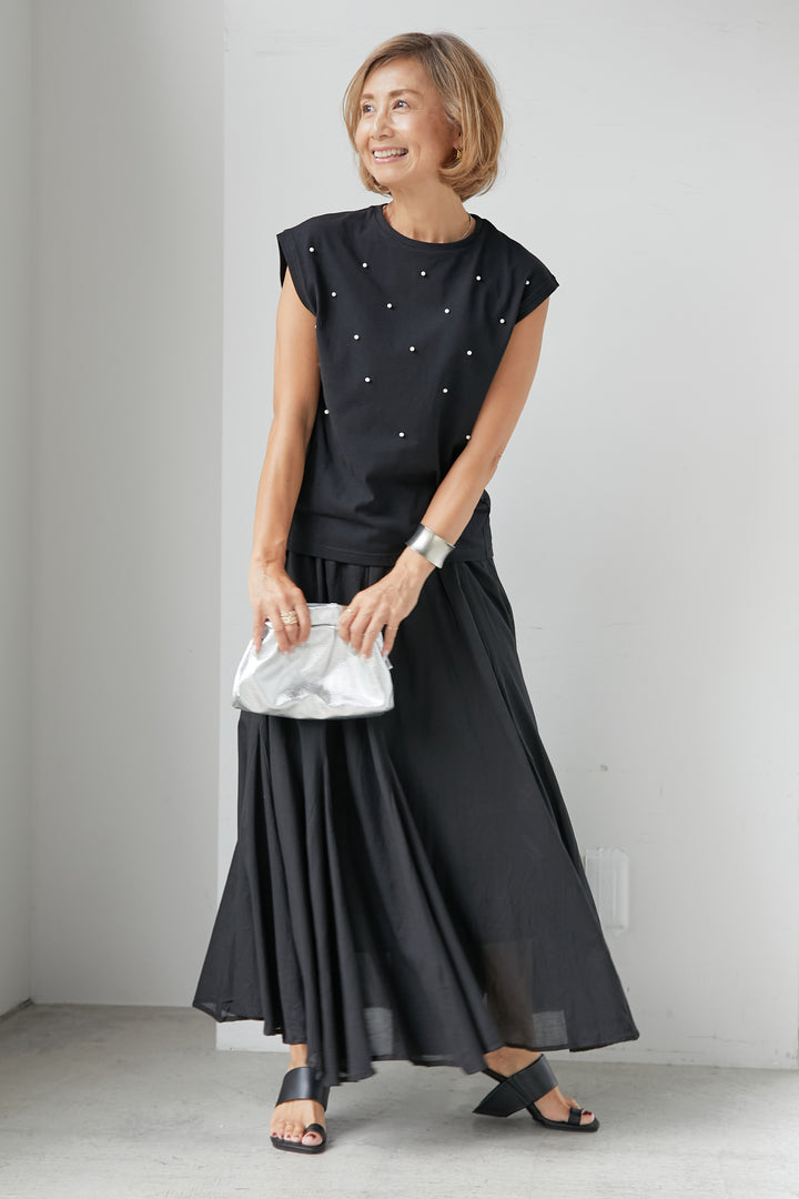 [SET] Pearl dot cut jacquard + cotton voile flare long skirt (2set)