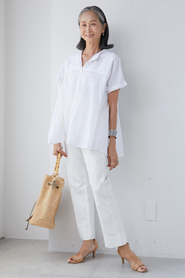 Cotton voile tuck gathered shirt