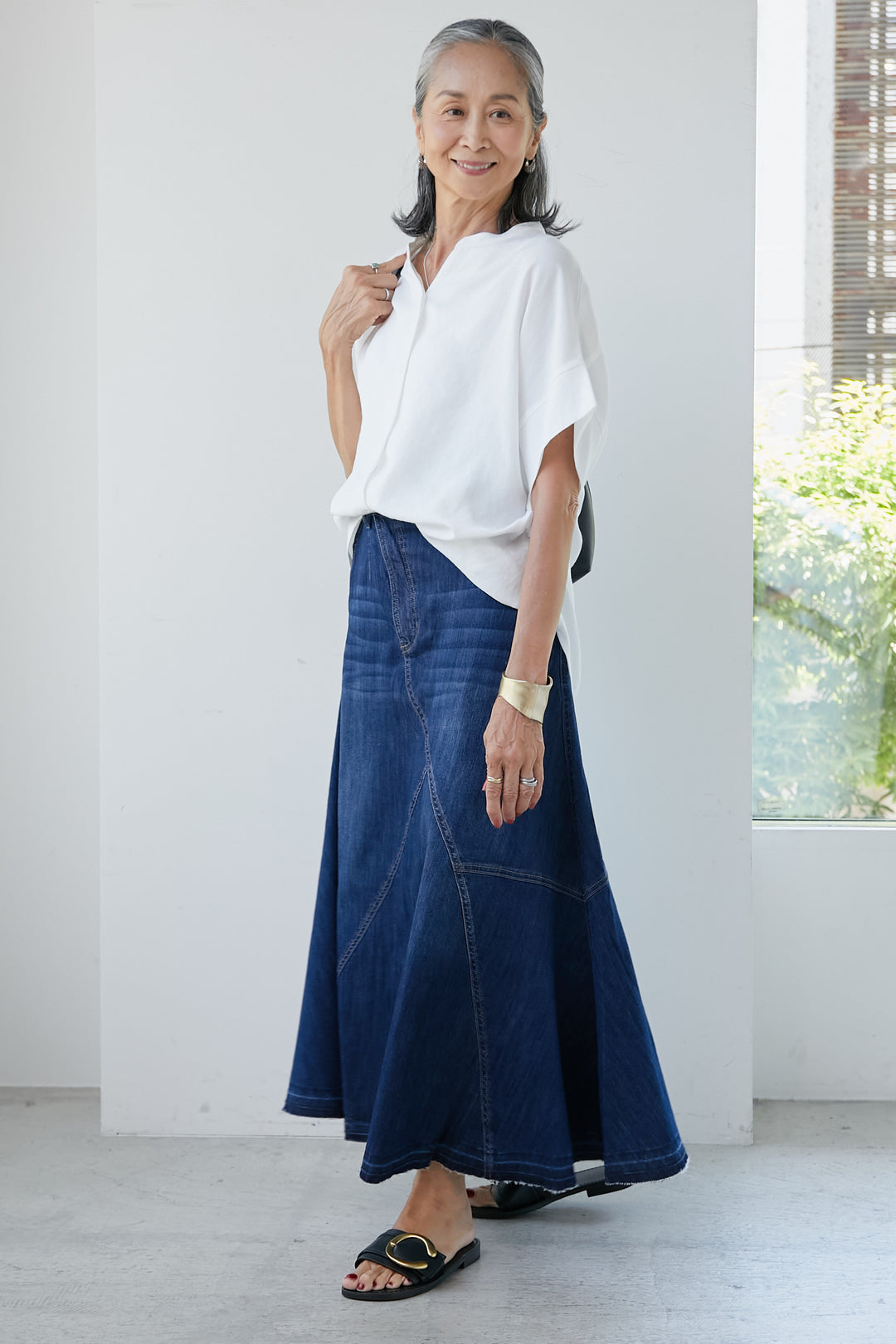 Denim-switched flared skirt