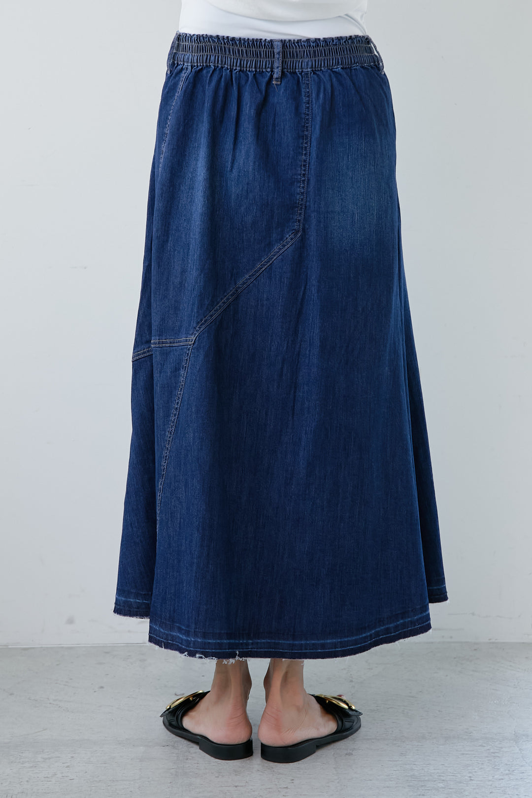 Denim-switched flared skirt