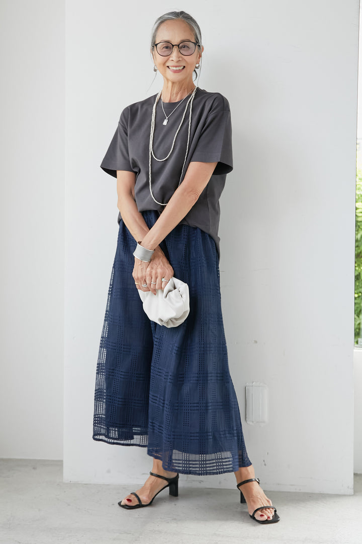 [SET] Round hem T-shirt + sheer check flare skirt (2set)