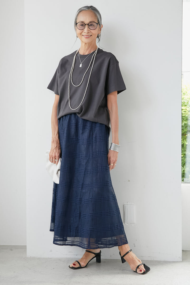 [SET] Round hem T-shirt + sheer check flare skirt (2set)