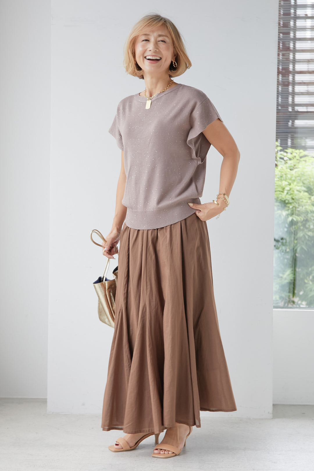 [SET] Sequin summer knit + flared long cotton skirt (2set)