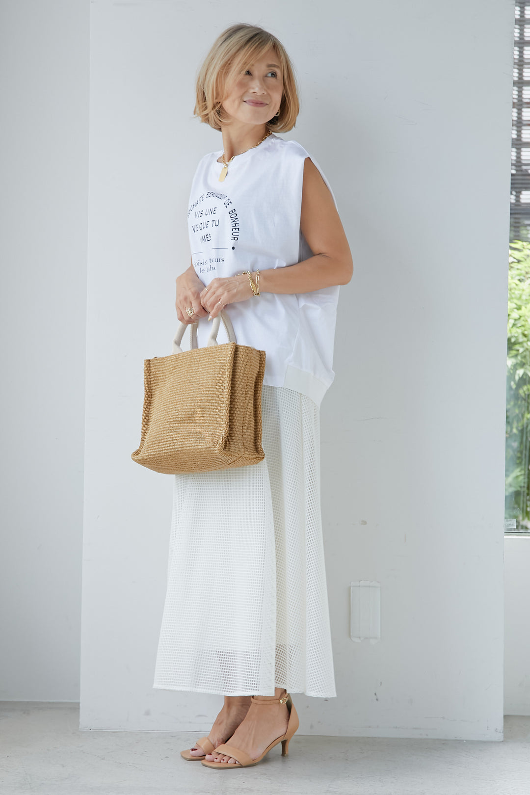 [SET] French sleeve logo top + square mesh check flare skirt (2set)