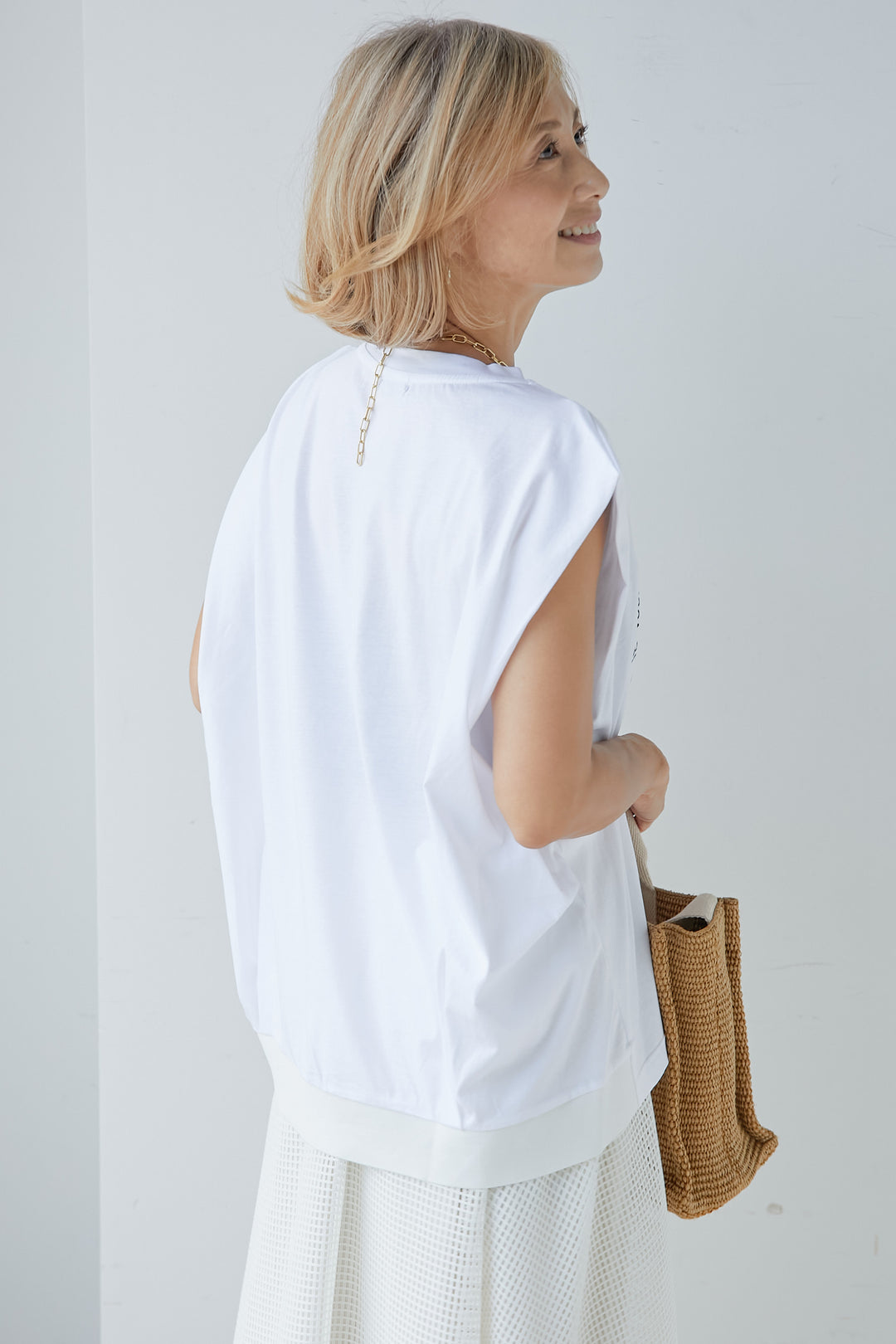 [SET] French sleeve logo top + square mesh check flare skirt (2set)