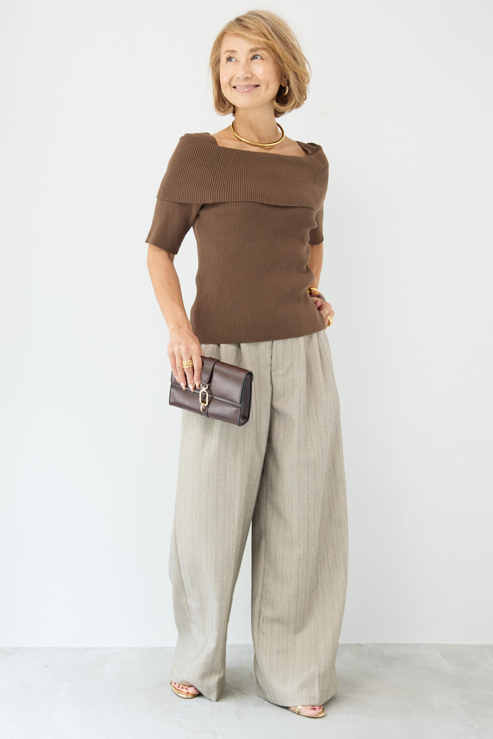 オフショルリブニット