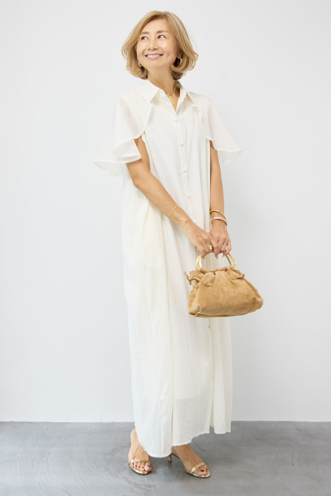 フレアスリーブシャツワンピース