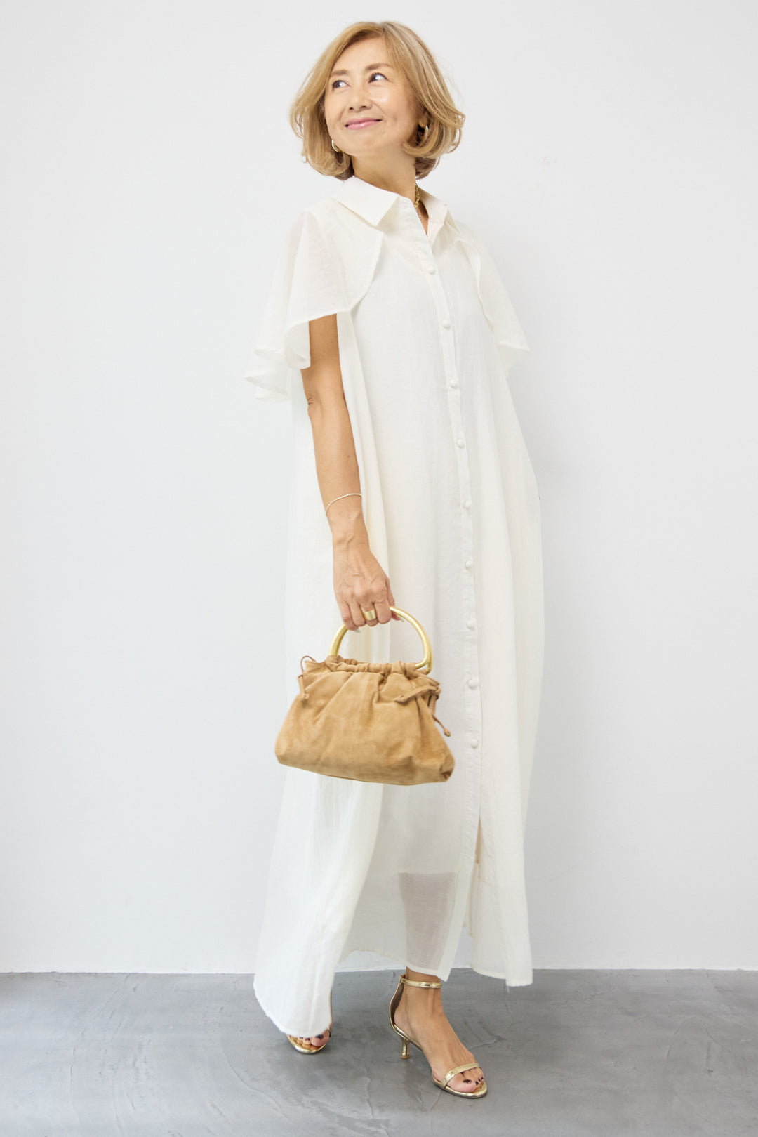 フレアスリーブシャツワンピース