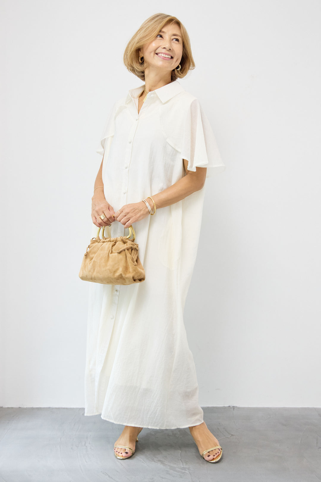 フレアスリーブシャツワンピース