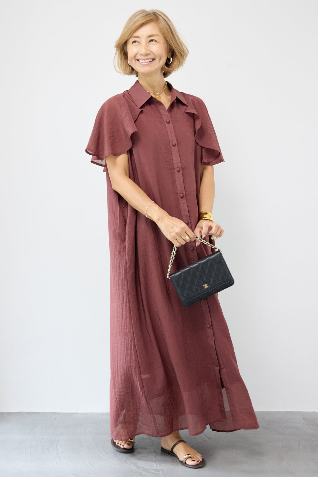 フレアスリーブシャツワンピース