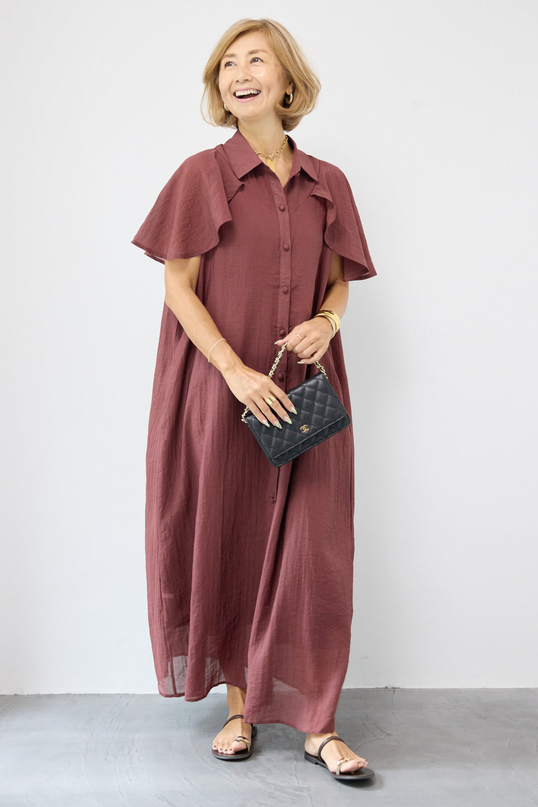 フレアスリーブシャツワンピース