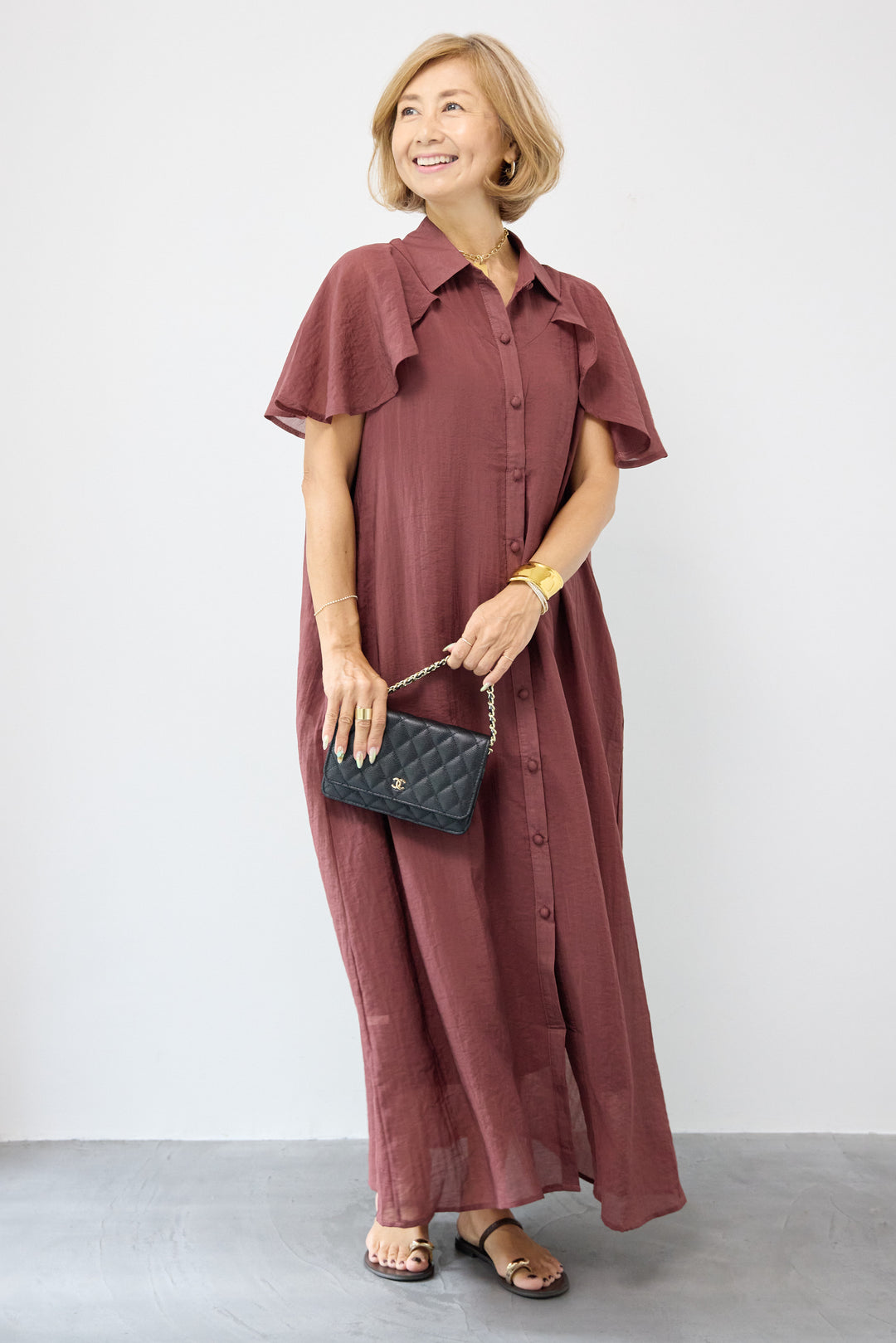 フレアスリーブシャツワンピース