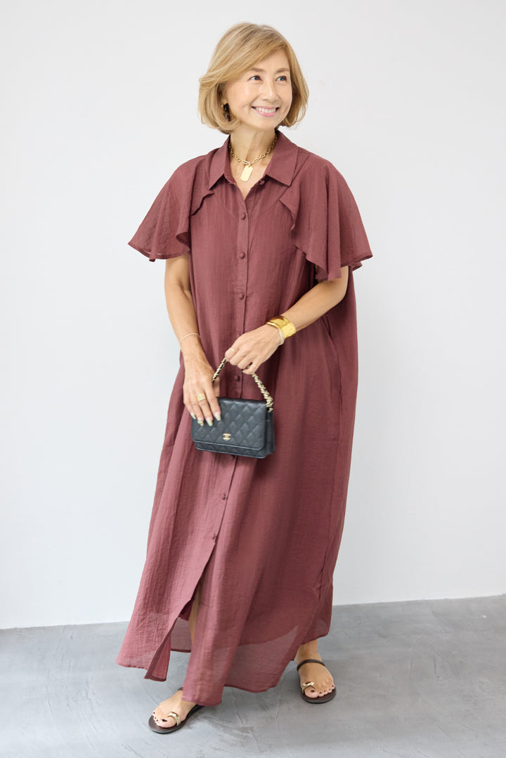 フレアスリーブシャツワンピース