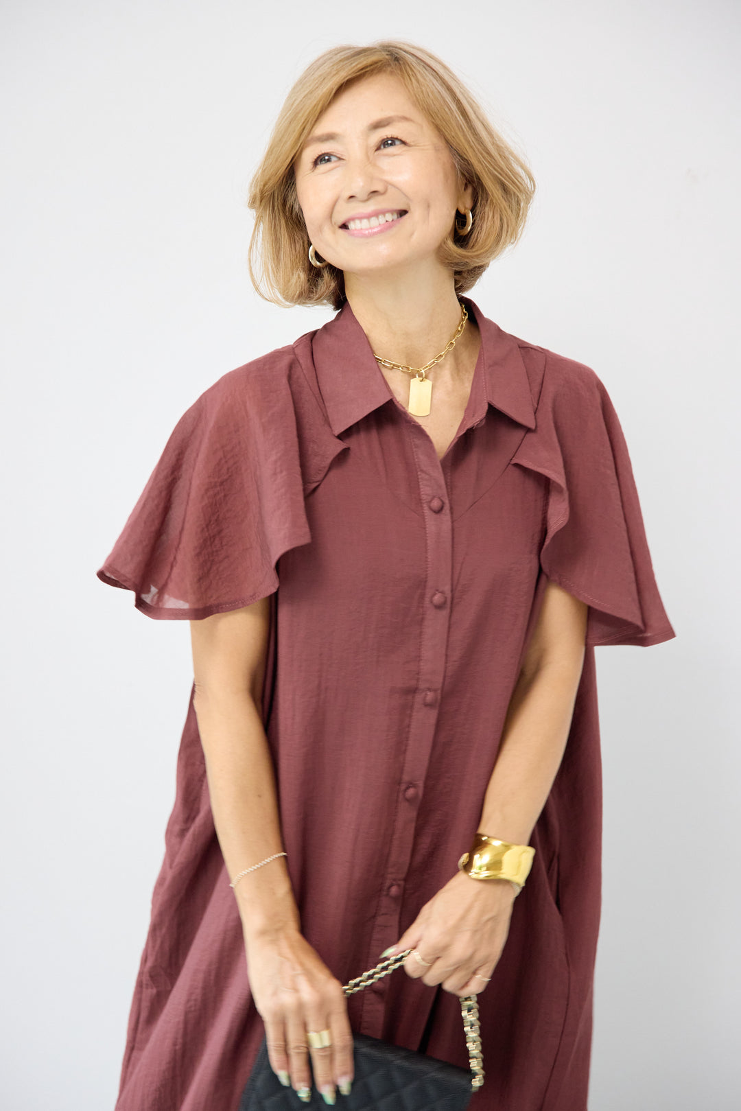 フレアスリーブシャツワンピース