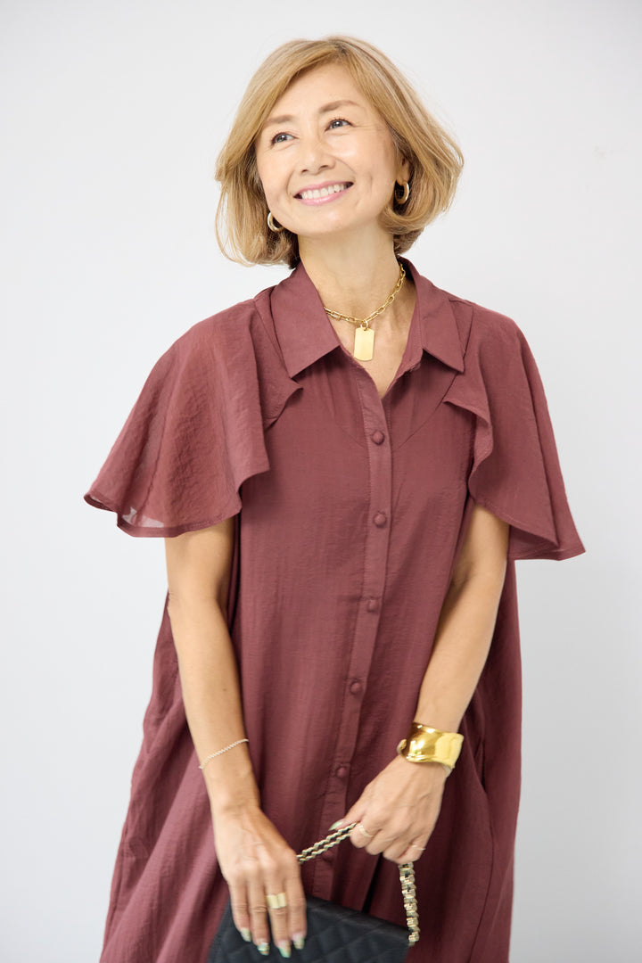 フレアスリーブシャツワンピース