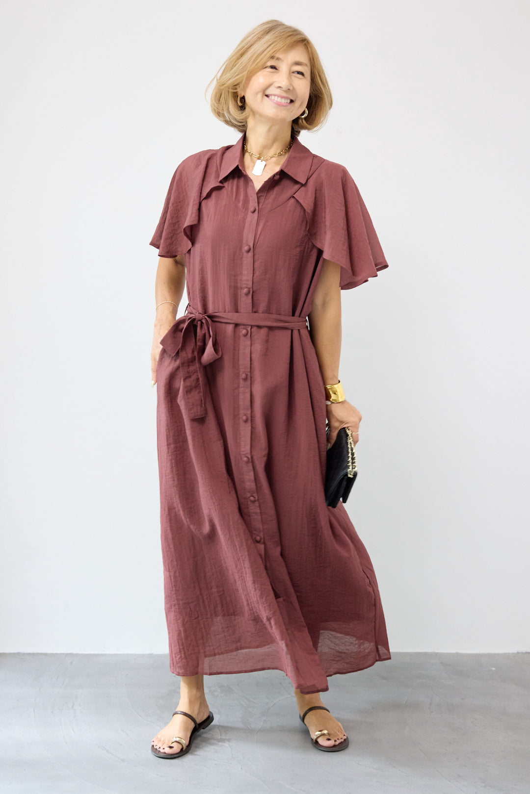 フレアスリーブシャツワンピース