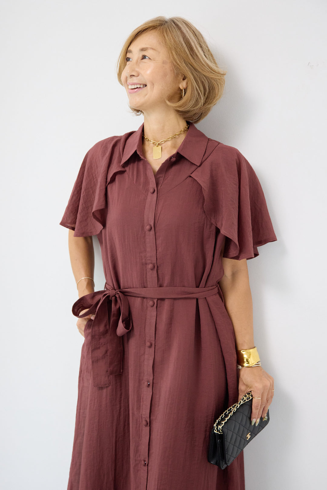 フレアスリーブシャツワンピース