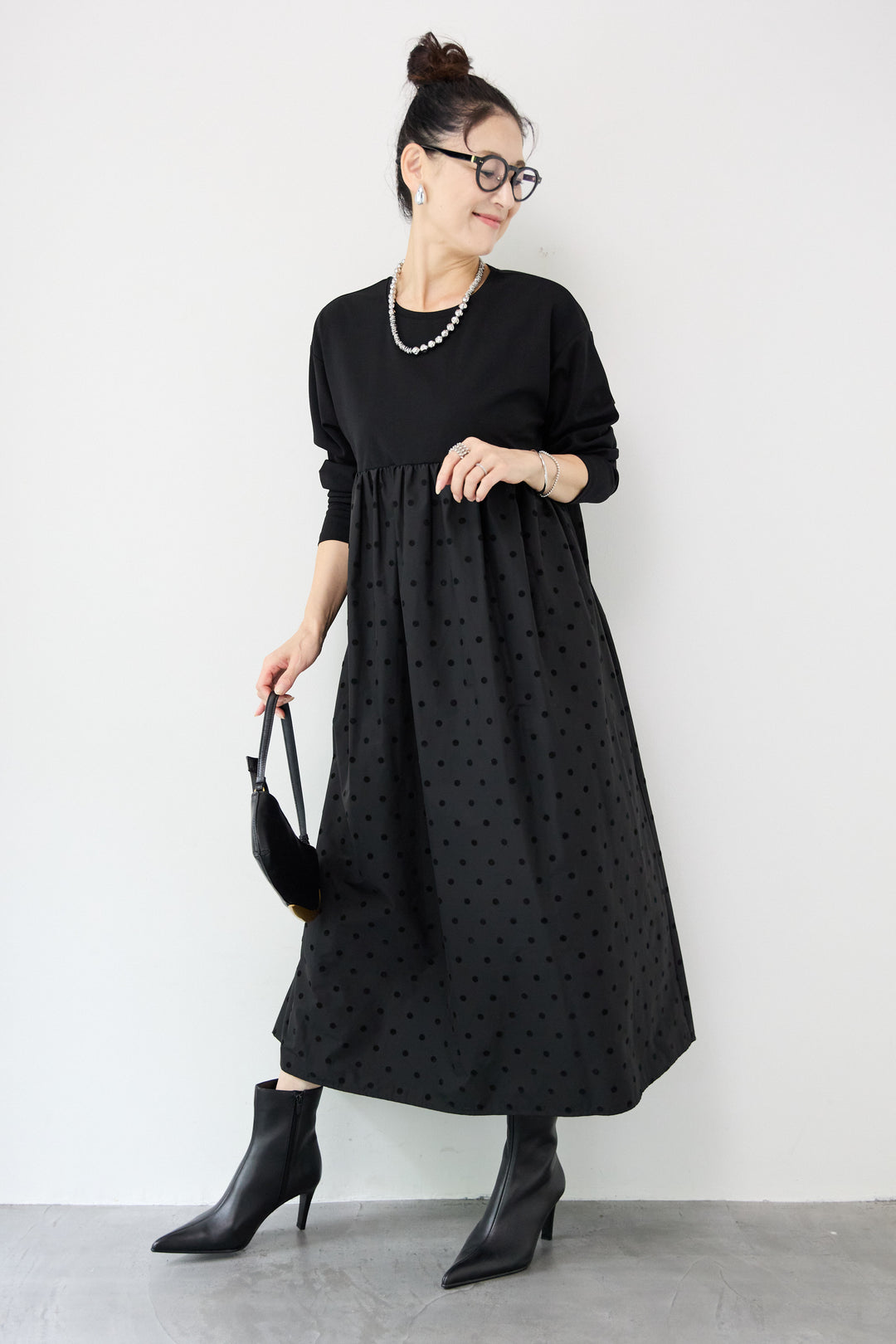 フロッキードット切替ワンピース