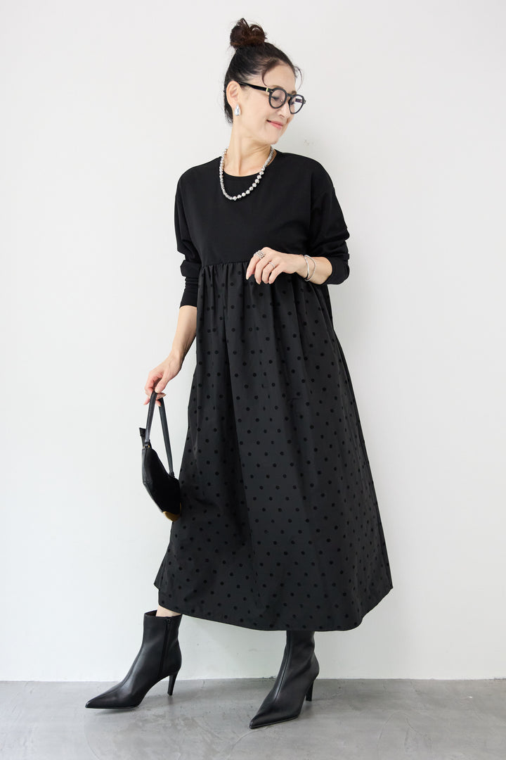 フロッキードット切替ワンピース