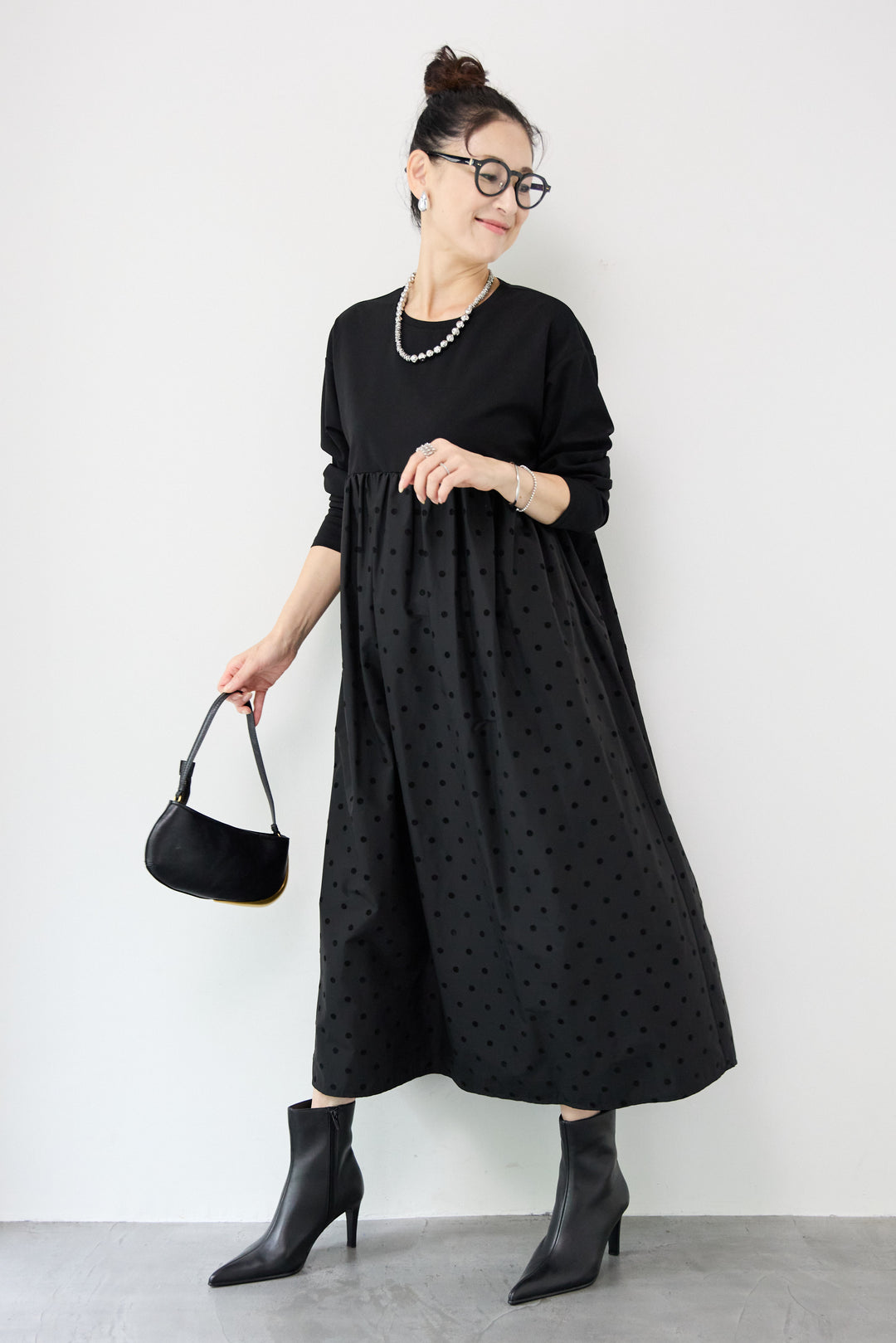 フロッキードット切替ワンピース